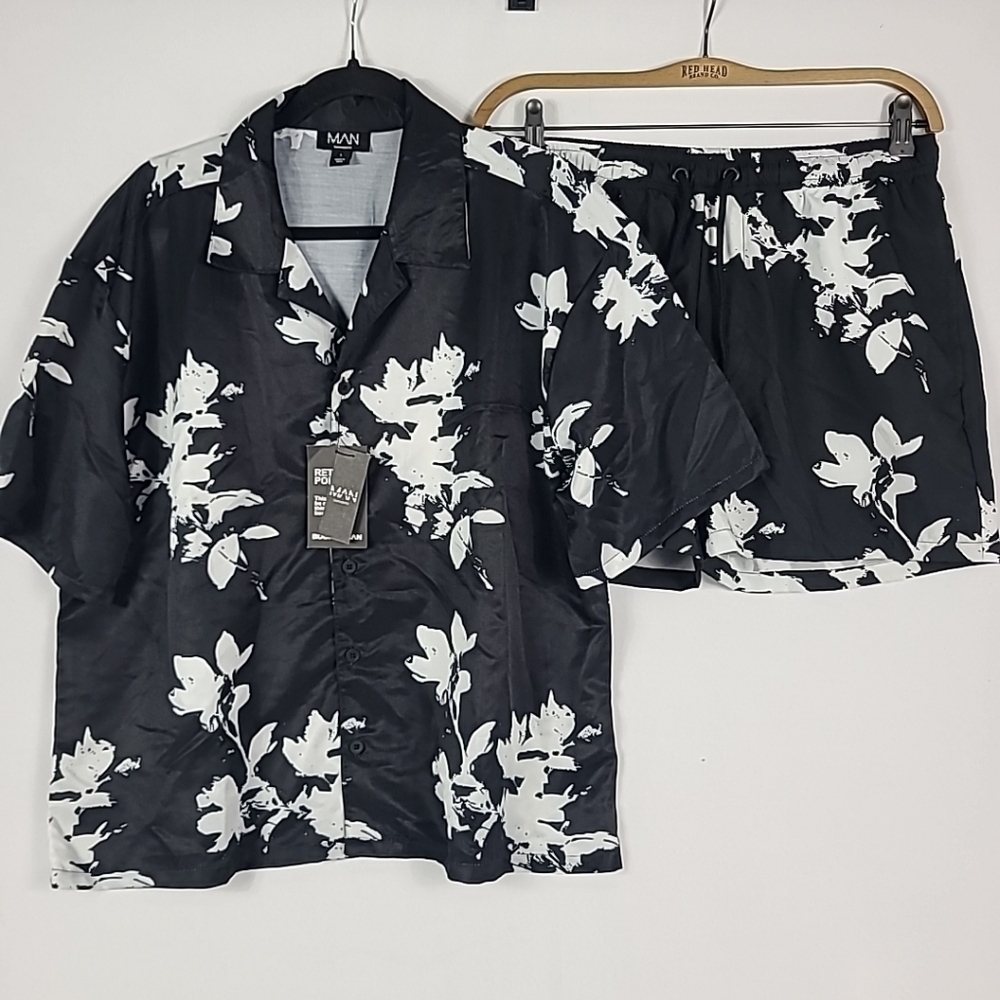 NWT Boohoo MAN Oversized Boxy Viscose Shirt & Swim Short Set White & Black Sz L